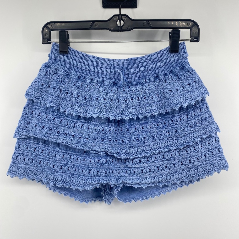 Blanco Tiered Crochet Shorts Womens XXL Blue Ruffle Smocked Cotton Boho Festival